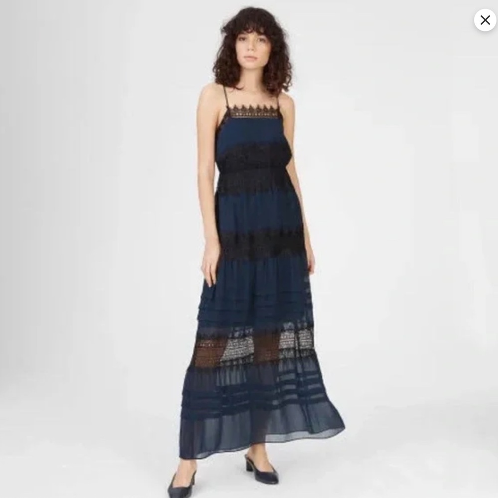 Club Monaco Strappy Navy & Black Lace Tiered Maxi Dress, Size 2